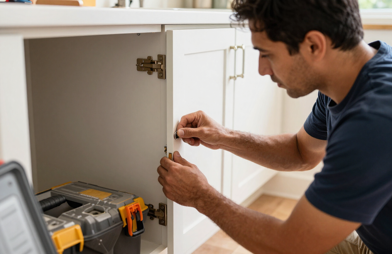 Kitchen cabinet repair and hardware installation in Tampa home