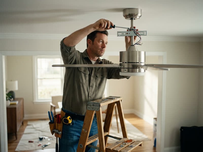 Ceiling fan installation in a bright Florida bedroom