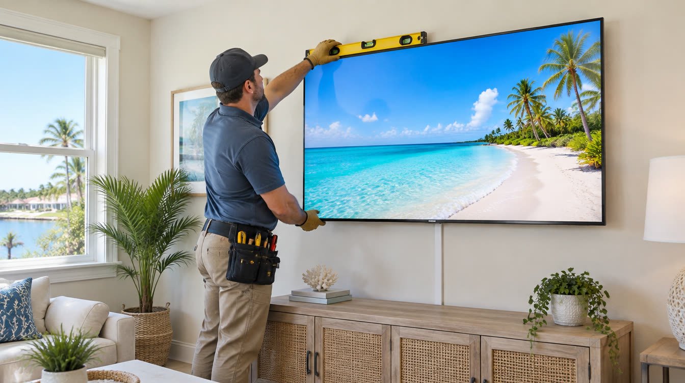 TV wall mounting in a bright Tampa living room — screen on, job finished level