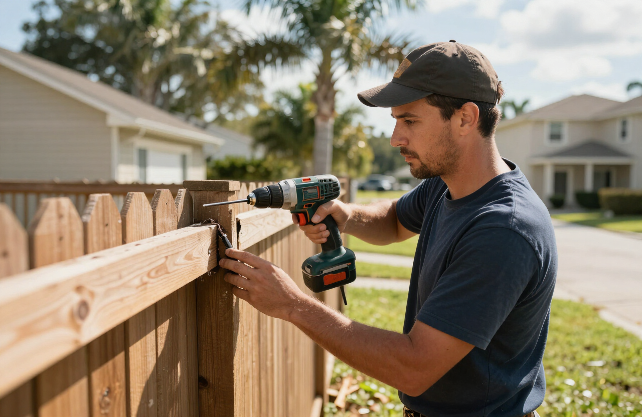 Professional fence repair with palm trees in Tampa, Florida neighborhood
