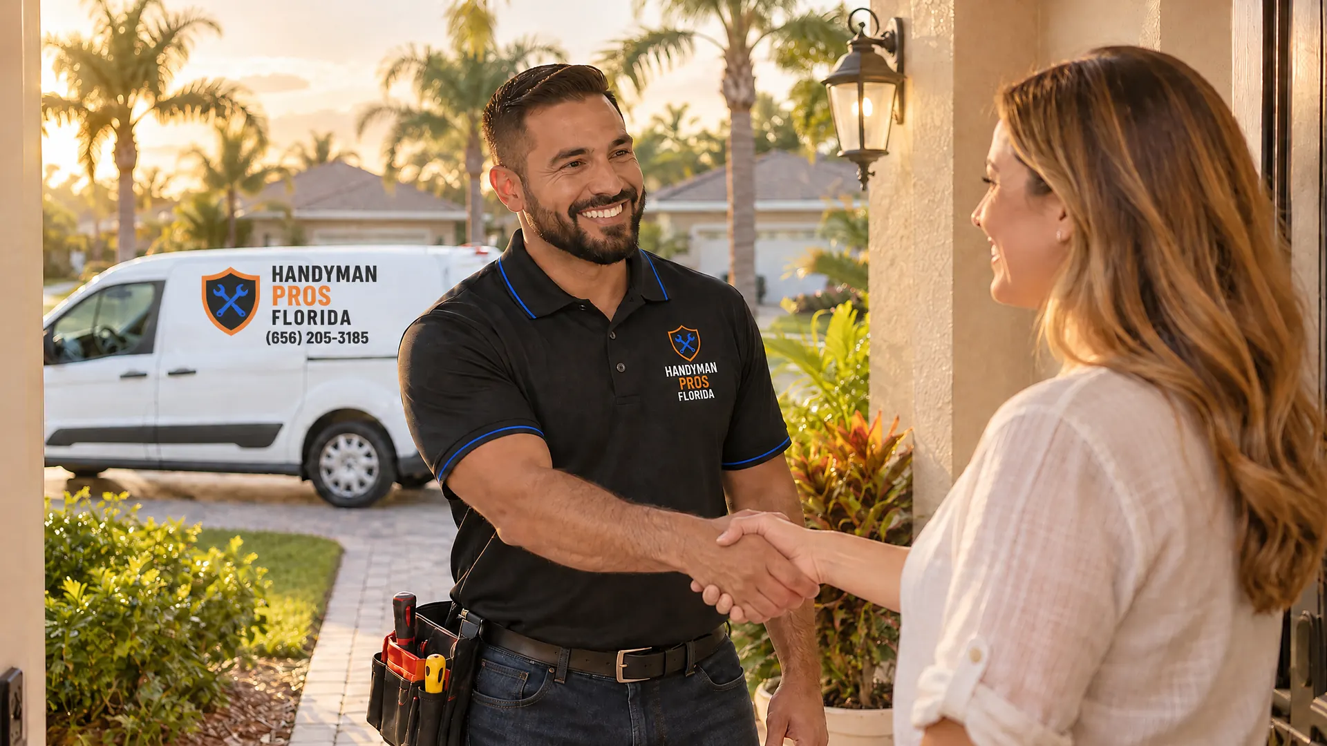 Handyman Pros Florida technician in a branded uniform greeting a customer in Tampa