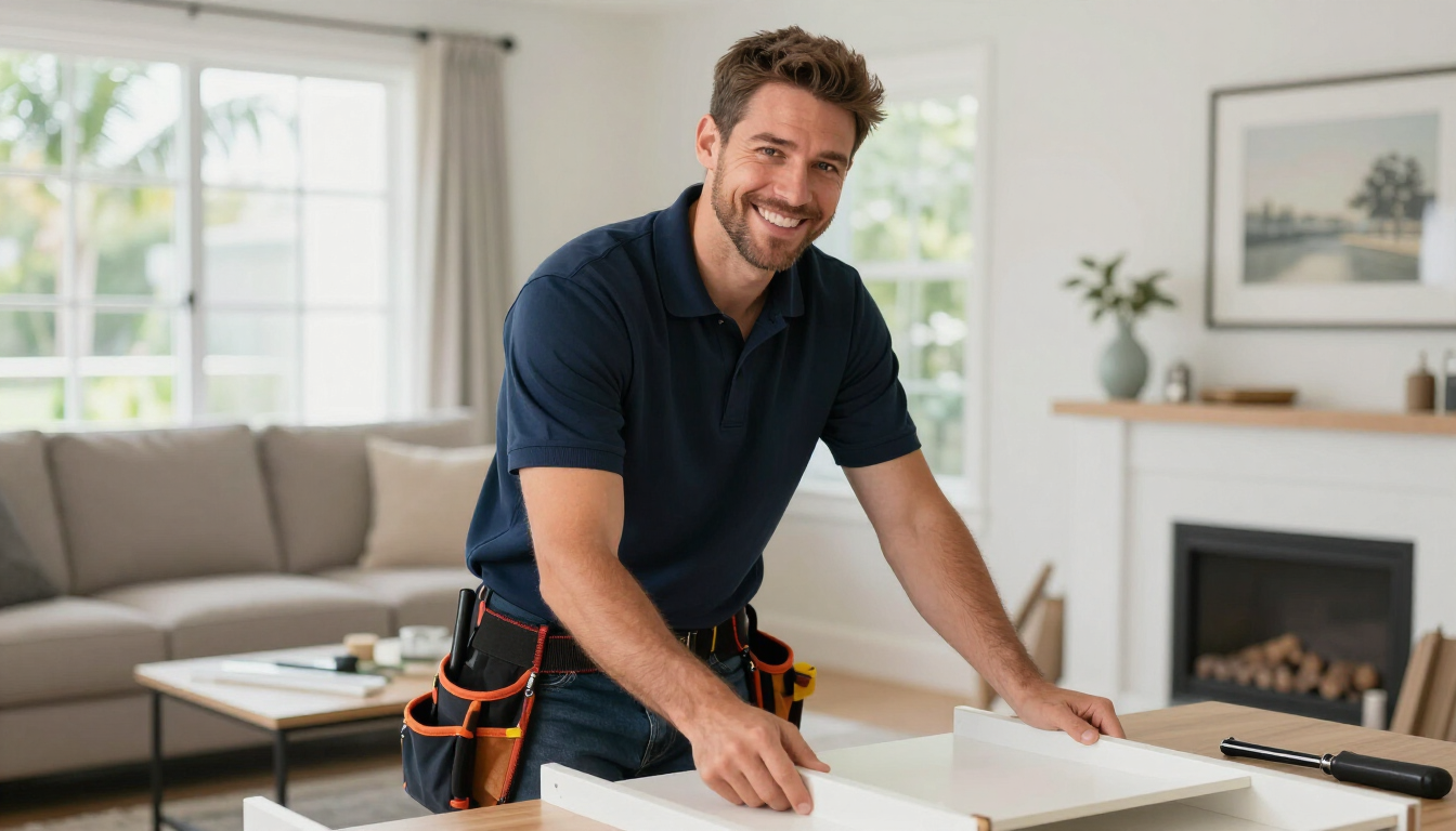 Friendly licensed handyman assembling furniture in Tampa area home