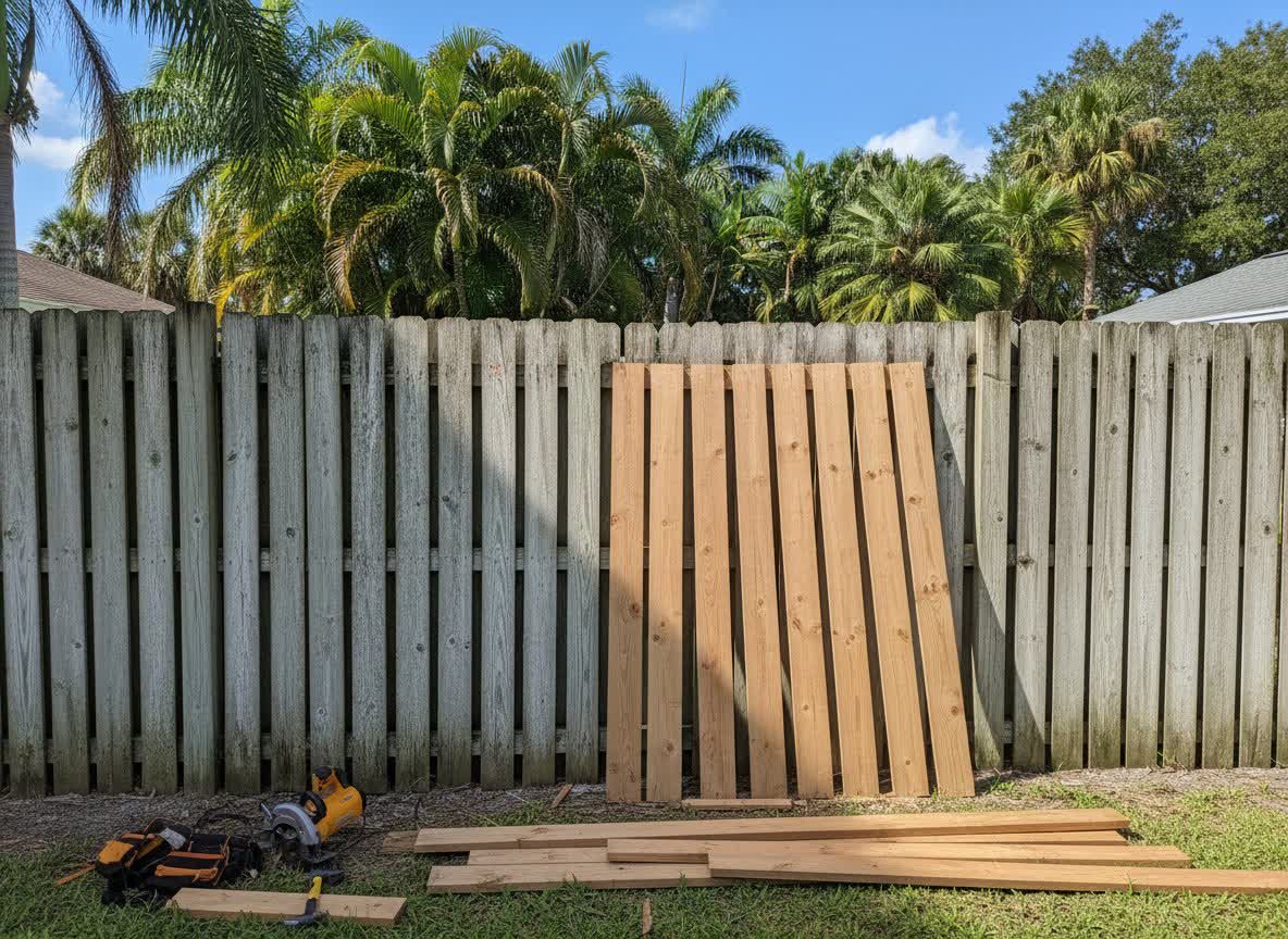 Wood privacy fence repair with new pickets in a Tampa Bay backyard